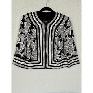 ST JOHN Cream Silver Metallic Zip Knit Jacket w/Black Accents Women's Size 4